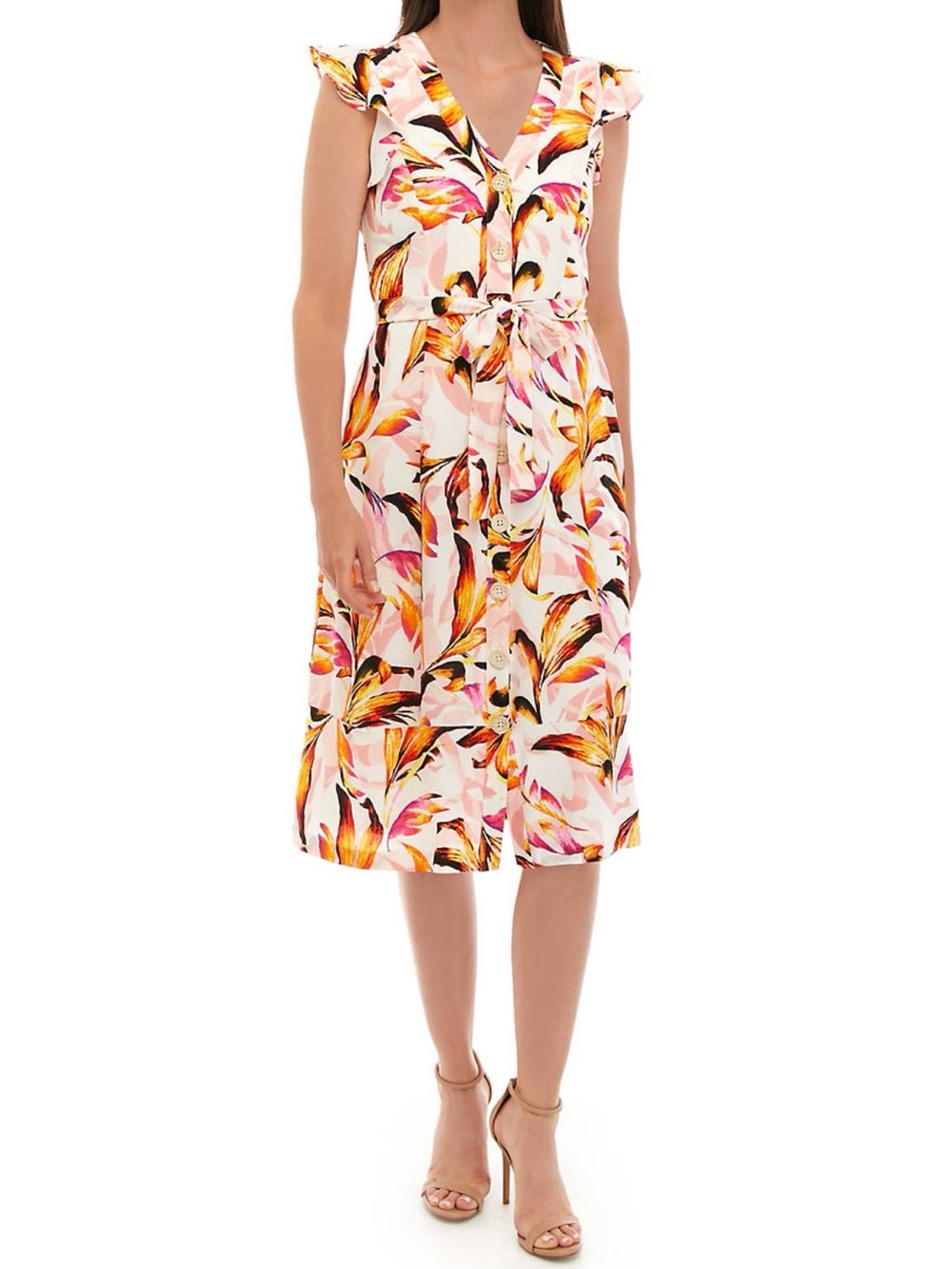 Donna Ricco Pink Floral Tie-Waist Midi Dress with Yellow & Orange Accents